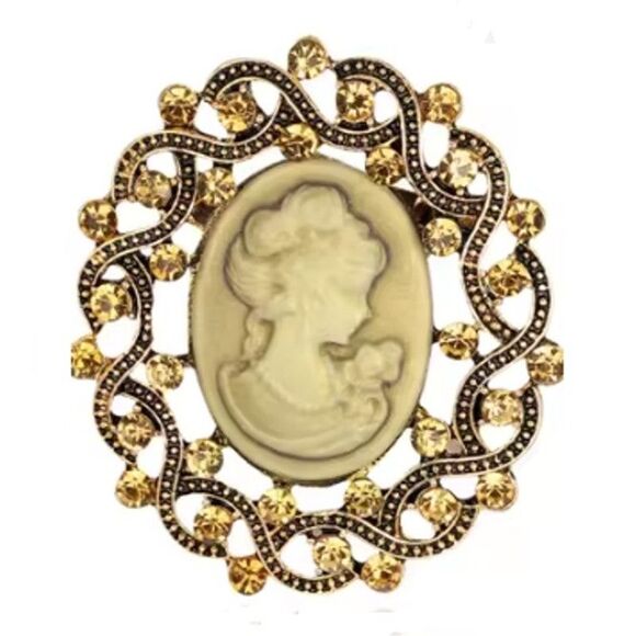 Cameo Brooch Rhinestone and Crystal Brown and Beige Gold Tone Metal Elegant - Picture 1 of 3